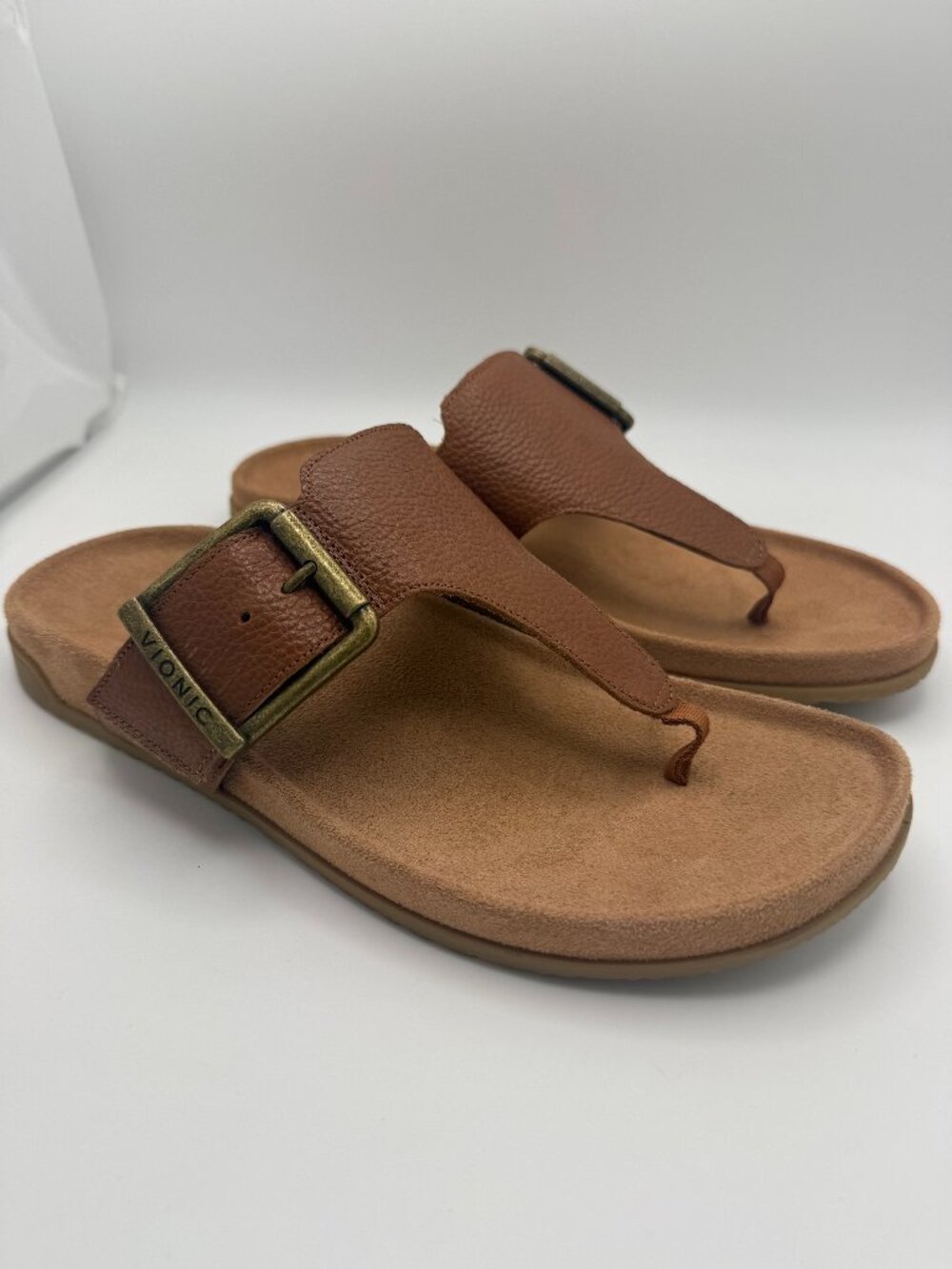Vionic Emma Leather Toe Post Sandals Brown Cognac Buckle Sz 10 NEW